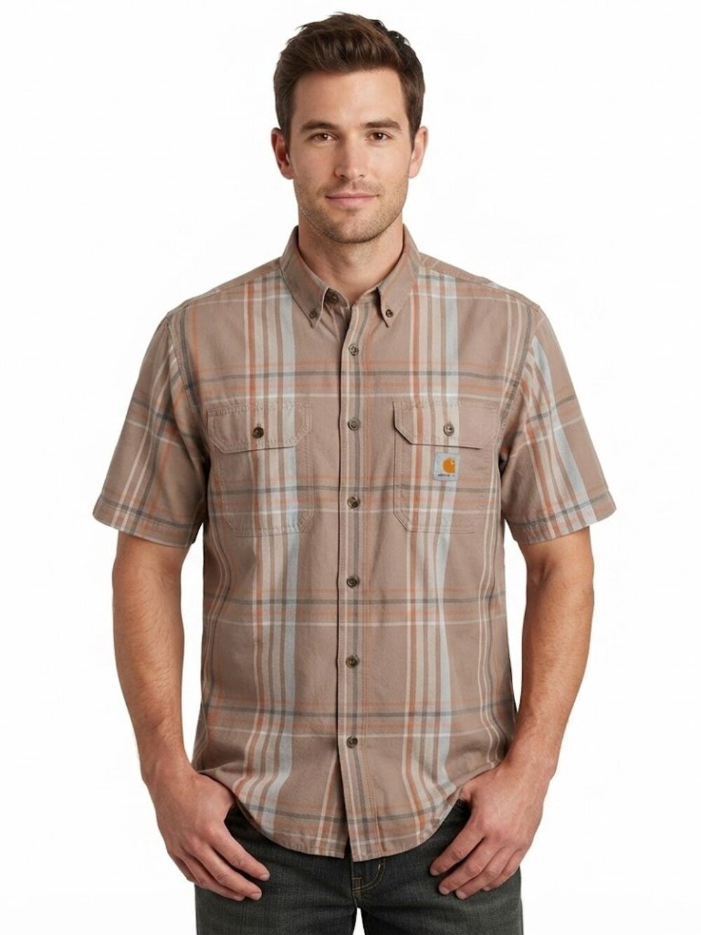 Carhartt Men's Button Up Shirt Plaid Brown Beige Big and Tall Workwear XL
